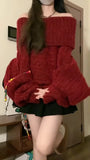 Girlary Women Red Pullover Knitted Sweater Harajuku Y2k Long Sleeves Slash Neck Sweater Jumper Vintage 2000s Aesthetic Clothes 2024