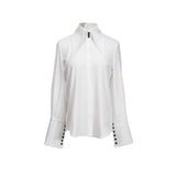 Girlary Women Shirts 2024 Autumn Long Sleeve Polo Neck Loose Blouse White Blue Elegant Chic All-match Tops