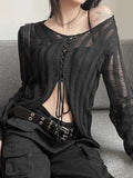 Girlary Goth Dark Mall Gothic See Through Bandage Blouse Grunge Black Casual Sexy Knitwear T-shirt Y2k Long Sleeve Streetwear Women Tops