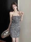 Girlary Women Sequin Zipper Strapless Dresses Short Summer Slim Waist Double Belt Mini Dress Sexy Evening Party Vestidos