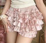 Girlary Japanese Sweet Lolita Style Satin Shorts Women Elegant Kawaii Cake Ruffles High Waist Puff Short Pants Korean Casual Y2k Shorts