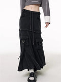 Girlary Women‘s Detachable Design Loose Cargo Denim Skirt Multiple Pockets Elastic Waist Drawstring Female Black Gray A-line Long Skirt