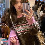 Girlary Women Knitted Pullover Sweater Retro High-End Christmas Jacquard Contrast Color Sweater Autumn Winter New Loose Lazy