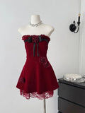 Girlary France Elegant Christmas Off Shoulder Dress Women Design Chic Red Bow Slim Dresses Female Fashion Sweet Lace A-line Dress New