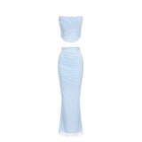 Girlary Elegant Maxi Wedding Guest Dress Set Sexy Strapless Blue Cropped Top Set Bodycon Holiday Party Dresses Women