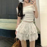 Girlary Coquette White Lace Short Skirt Ruffle Women Sweet Bow Kawaii Mini Skirts Patchwork Layered A-line Aesthetics Skirt