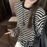 Girlary New Korean Style Fashionable Casual Loose Lazy Striped T-shirt Round Neck Striped Early Autumn Top for Women Clothes