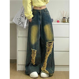 Girlary 2024 Spring Vintage Harajuku Y2K Jeans Loose Hollow Out Blue Pants Women's Wide Leg High Waist Retro Ripped Denim Trouser