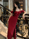 Girlary Elegant Off Shoulder Spaghetti Strap Dress Slash Neck Split Evening Party Prom Dresses Ruffles Bodycon Vestidos Female Outfits