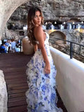 Girlary Spring and Summer New Shoulder Women's Fashion Chiffon Print Long Elegant Evening Dress