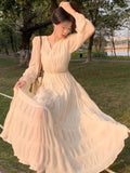 Girlary Spring and Autumn New Women's White Beach Dress Waist Pleated Holiday Long Sleeve Chiffon Dress