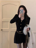 Girlary Sexy Black Knitting Female Mini Dress Chic Chain Buttons Slim V-neck Fashion Women's Dresses Solid Color Winter Dresses