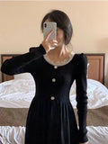 Girlary Knitted Dresses Women Sweet Elegant Lace Patchwork Long Sleeve Slim Stretch Basic Square Collar French Style Party Dress