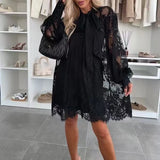 Girlary Elegant Perspective Lace Embroidered Loose Dress Women Sexy Bow Lace-Up Chiffon Short Dress Casual Lantern Sleeve Party Dresses