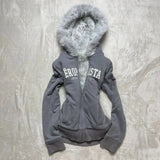 Girlary Faux Coats Women Graphic Jacket with Hooded Fleece Fur Hoodie Edgy American Retro Street Style and Y2K Fashion Top