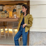 Girlary Fashion Striped Contrast Bomber Jackets Shirts Women Puff Sleeve O-neck Single Breasted Shirt 2024 Spring Lady Streetwear Top