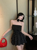 Girlary Black Polka Dot Strapless Dress Pure Desire Elastic Chest High Waist Mini Dresses Sexy Contrast A Line Women Clothing