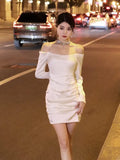 Girlary Elegant France Off Shoulder Mini Dress Sexy Spaghetti Straps Solid Wedding Party Vestidos Ladies Backless Clothes Spring New