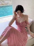 Girlary New Elegant Fashion Summer Pleats Dresses for Women Drawstring Evening Party Korean Pink Bodycon Female Clothing