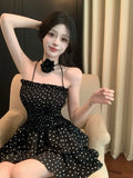 Girlary Black Polka Dot Strapless Dress Pure Desire Elastic Chest High Waist Mini Dresses Sexy Contrast A Line Women Clothing