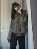 Girlary Streetwear Turn Down Collar Jackets Women Zipper Patchwork Y2k Aesthetic Loose Casual Coats New All Match Harajuku Pocket Tops