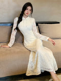 Girlary Chinese Style Elegant Hollow Out Lace Mermaid Dress New Fashion Sexy Slim Wedding Party Dresses Solid Bodycon Vestidos Mujer