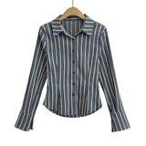 Girlary Autumn American Style Polo Collar Single Breasted Long Sleeve Striped Shirt Women Cinching Waist Slim Casual Top