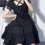 Girlary Kawaii Puff Short Sleeve Lolita Style Dress Women Sweet Bow Lace Ruffle Bandage Mini Dresses Girl Gothic Princess Party Vestidos