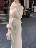 Girlary High-end White Blazer Skirt Suit for Women Elegant 2-piece Set Double Breasted Fur Cuffs Blazer Coat+Irregular Button Midi Dress