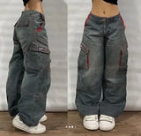 Girlary Y2K Vintage 90s Fashion Wing Pattern Baggy Jeans Women's New Harajuku Gothic High Waist Wide Leg Wide Trousers