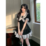 Girlary Black Dress Women Bow Japanese Cute Lolita Dress Women Sweet lace Puff Sleeve Student Dresses Party Sailor Collar Kawaii Dress