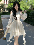 Girlary Off-shoulder Halterneck Ruffles Mini Dress Women Autumn Solid Fairycore Long Sleeve A-line Pleated Vestidos Elegant French Mujer