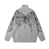 Girlary Vintage Butterfly Graphic Zip Up Cardigan Women Y2k Streetwear Oversized Knitted Sweater Mujer Grunge Long Sleeve Tops