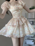 Girlary Floral Princess Dress Bubble Sleeve Waist Slim Dress Birthday Party On The Run Princess Puffy Dress Original Sweet Women Dresses