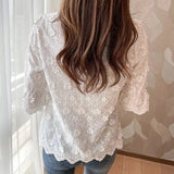 Girlary Summer New Elegant Lace Shirt Woman Casual White Embroidery Floral Ladies Tops Fashion New Short Sleeve Blouse Women Blusas