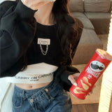 Girlary O Neck Chain Irregular Y2k Sweatshirts Fashion Korean Crop Tops Harajuku Punk Gothic Streetwear Women's Clothing Camis Suit