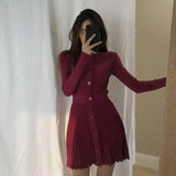 Girlary Knitted Pleated Mini Dress Women Vintage Black Sweater Dresses Winter Korean Elegant Long Sleeve Pink Bodycon Vestidos New