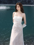 Girlary Elegant Lace Bandage Wedding Dresses Summer Spaghetti Straps Evening Party Prom Vestido Women Solid A-line Holiday Clothes