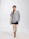 Girlary Autumn New V-neck Long Sleeve Sweater Women Fashion Casual Versatile Loose Lace Patchwork Pullovers Elegant Chic Knitted Tops