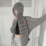 Girlary Harajuku Zip Up Hooded Cardigan Women Japanese Y2k Style Hollow Crop Sweater Vintage Gray Thin Knitted Long Sleev Tops