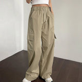 Girlary Korean Chic Summer Vintage Women Pantshigh Waist Lace Up Large Pocket Loose Wide Leg Pants Loose Casual Cargo Pants Women
