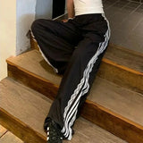 Girlary Women's Striped Sports Baggy Sweatpant Lace Patchwork Streetwear Wide Leg Trouser High Waist Plus Size Korean Style Black