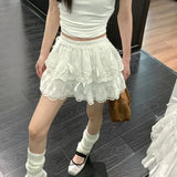 Girlary Coquette White Lace Short Skirt Ruffle Women Sweet Bow Kawaii Mini Skirts Patchwork Layered A-line Aesthetics Skirt