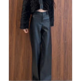 Girlary Autumn New Korean Design High End Straight Leg Pants Look Thin Black High Waist Wide Leg Leather Pants Female Clothing