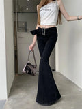 Girlary Korean Fashion Flare Low Waist Jeans Trousers 2024 New Pattern Streetwear Casual Button Black Jeans Y2K Full Length