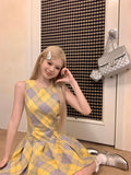 Girlary Streetwear Yellow Palid A-Line Dress Design Sleeveless Fairy Dress Vintage Classical Plaid Prom Gown Fashion Office Lady