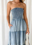 Girlary Sexy Backless Strapless Dresses Summer Women Fashion Denim Dress New SLeeveless Elastic High Waist Elegant Maxi Hem Split Dress