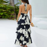 Girlary Spring Women Fashion Pattern Print Long Dress Summer Sexy Hollow Pleat Holiday Beach Dress Elegant Halter Backless Bohe Dresses