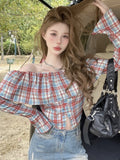 Girlary Blouses Retro Contrasting Plaid One Shoulder Long Sleeved Shirt Women Autumn Ruffles Stylish Versatile Streetwear Fashion Top