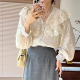 Girlary Vintage French Women Shirts Lace Lolita Elegant Long Sleeve Flounce Blouse High Quality Office Lady Chic Female Tops